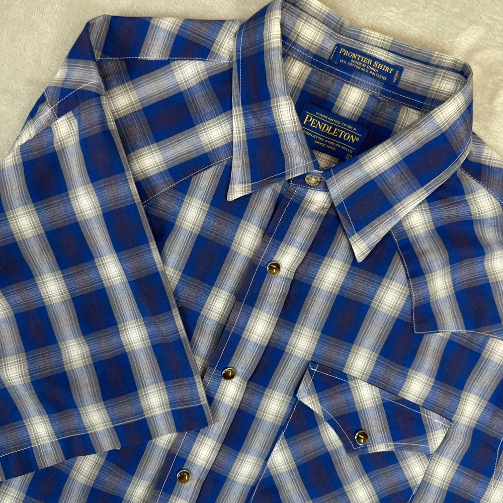 Pendleton Frontier Shirt Mens L Blue Plaid Western Pearl Snap Short Sleeve
